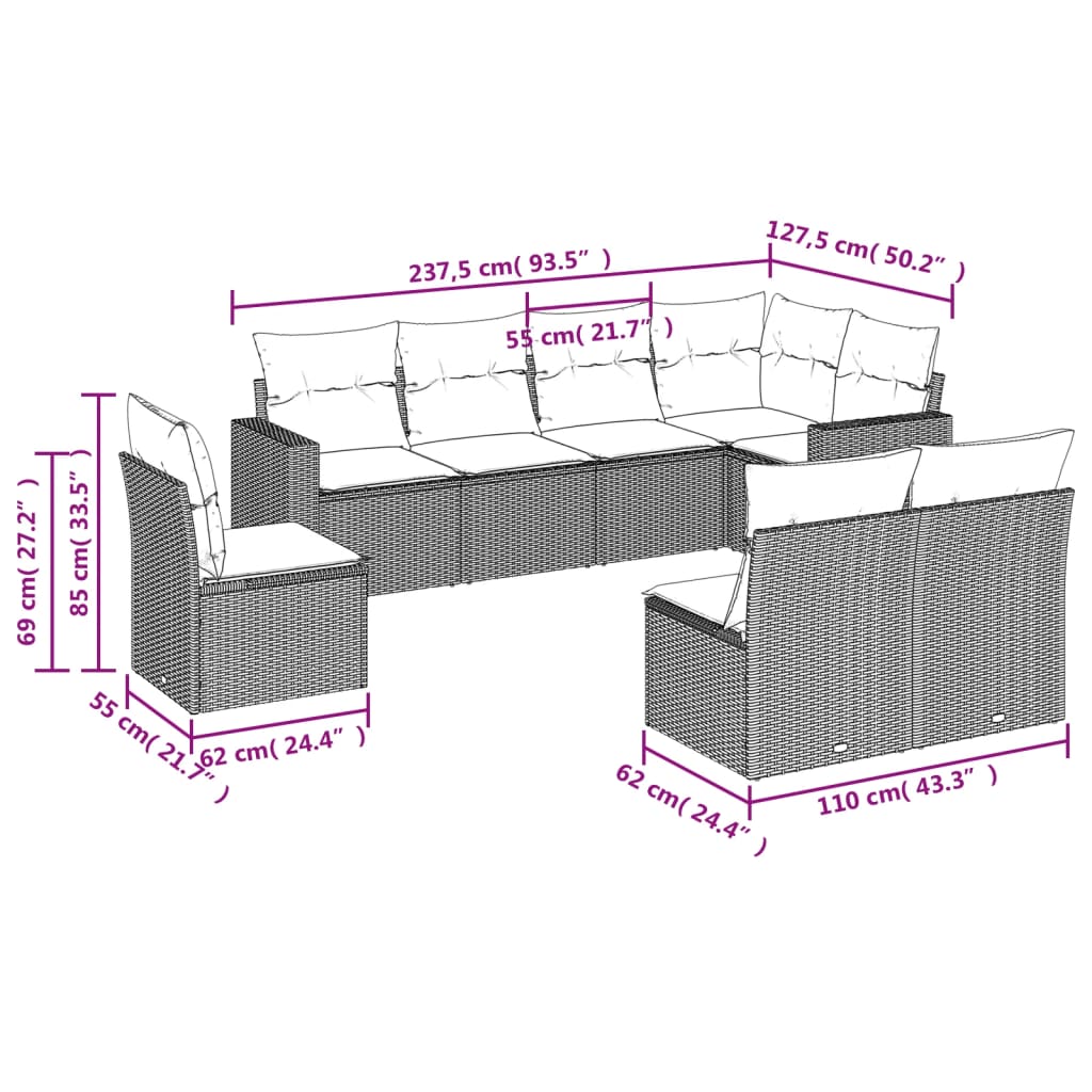 Gartensofa-Set mit Kissen 8-tlg. Schwarz aus Polyrattan