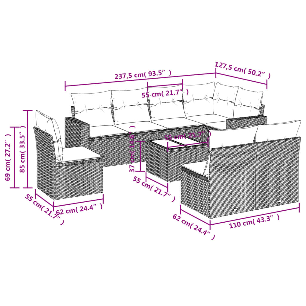 Set Divani da Giardino 9 pz con Cuscini Nero in Polyrattan - homemem39