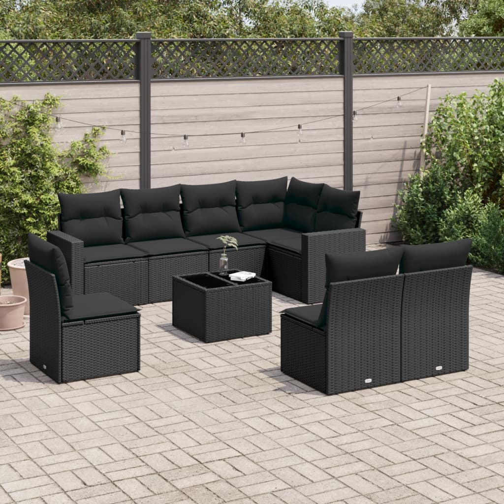 Set Divani da Giardino 9 pz con Cuscini Nero in Polyrattan - homemem39