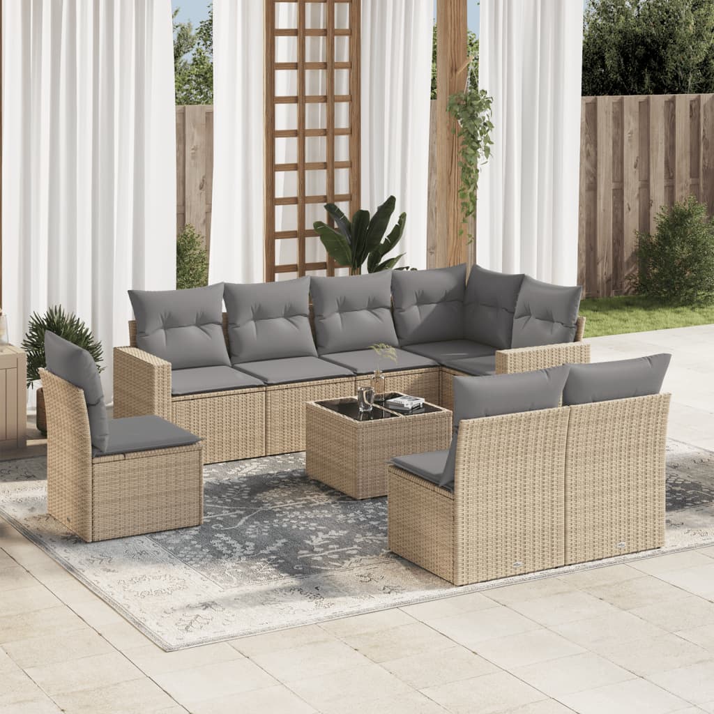 Set Divano da Giardino 9 pz con Cuscini Beige in Polyrattan - homemem39