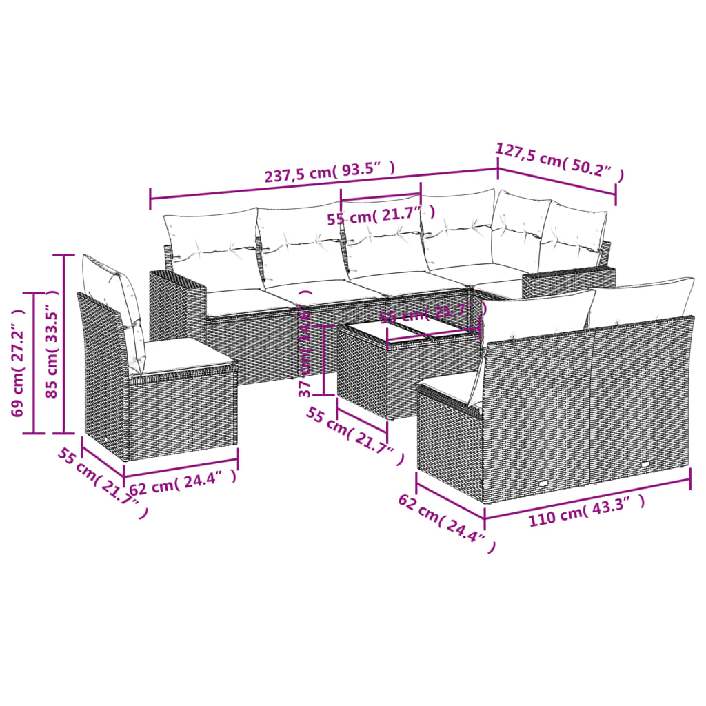 Set Divani da Giardino 9pz con Cuscini Marrone in Polyrattan - homemem39