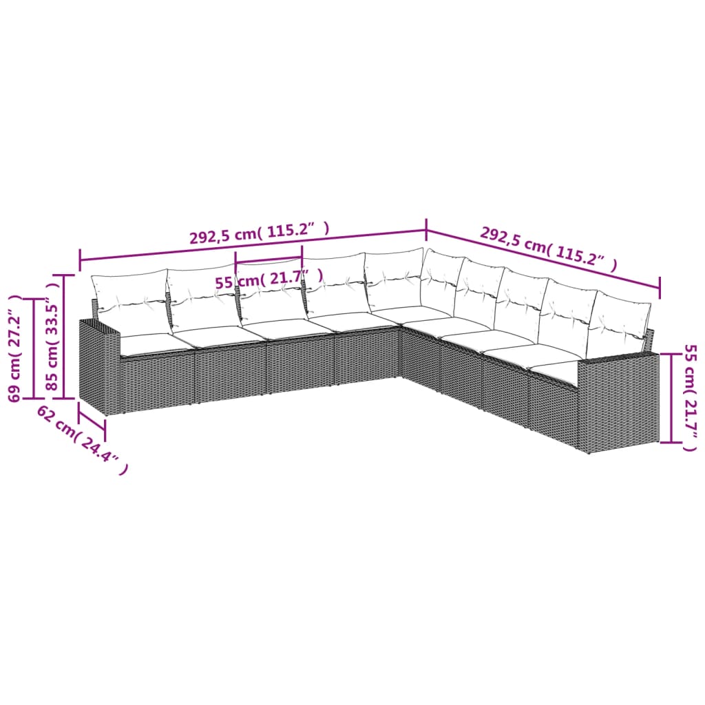 Set Divani da Giardino 9 pz con Cuscini Nero in Polyrattan - homemem39