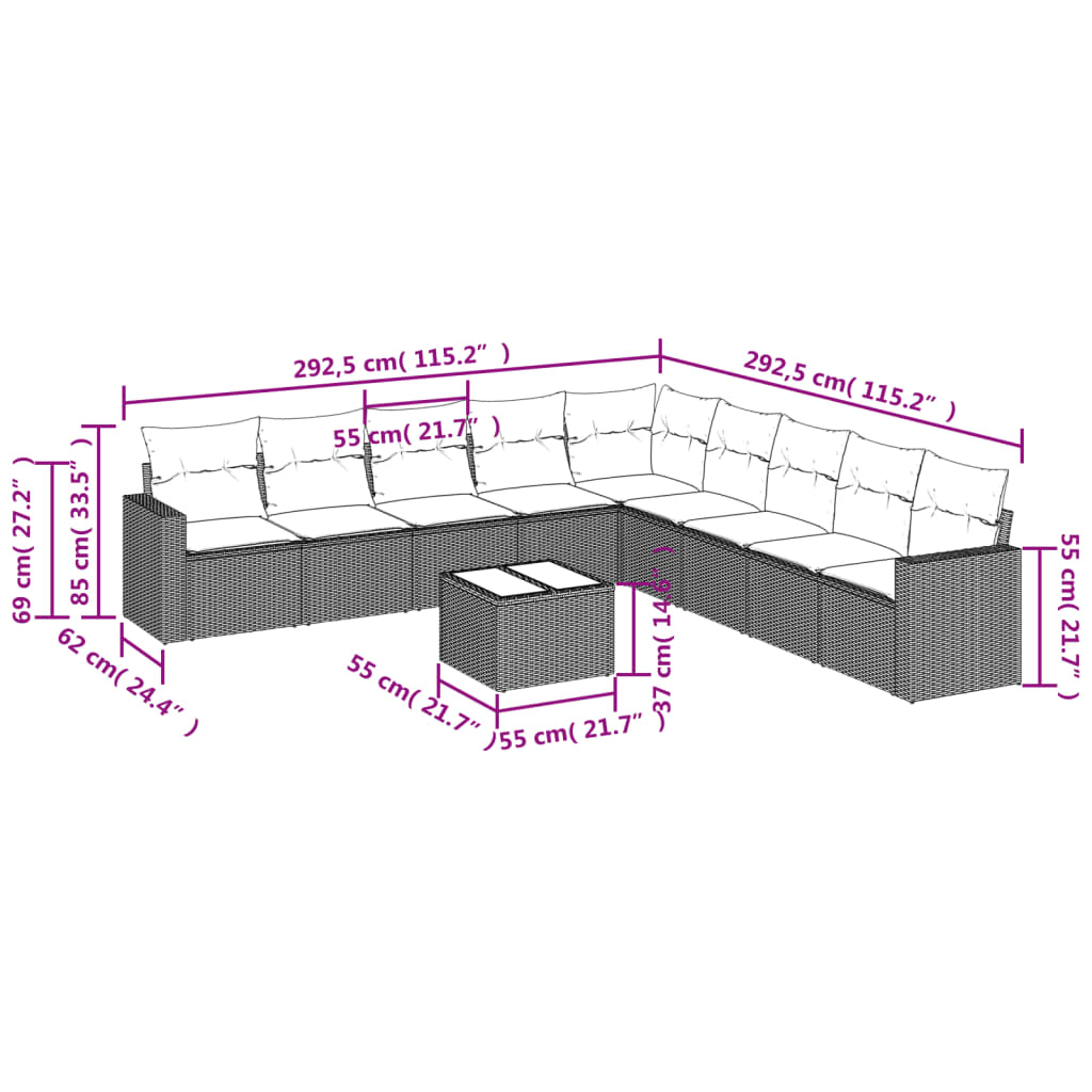 Set Divano Giardino 10 pz con Cuscini Grigio Chiaro Polyrattan - homemem39