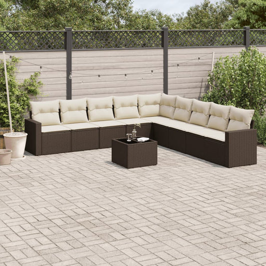 Set Divani da Giardino 10pz con Cuscini in Polyrattan Marrone