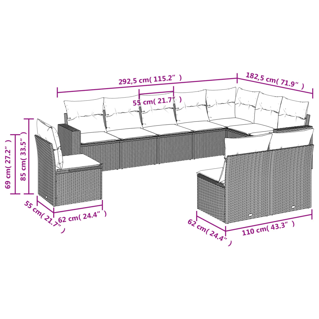 Set Divani da Giardino 10pz con Cuscini in Polyrattan Nero - homemem39