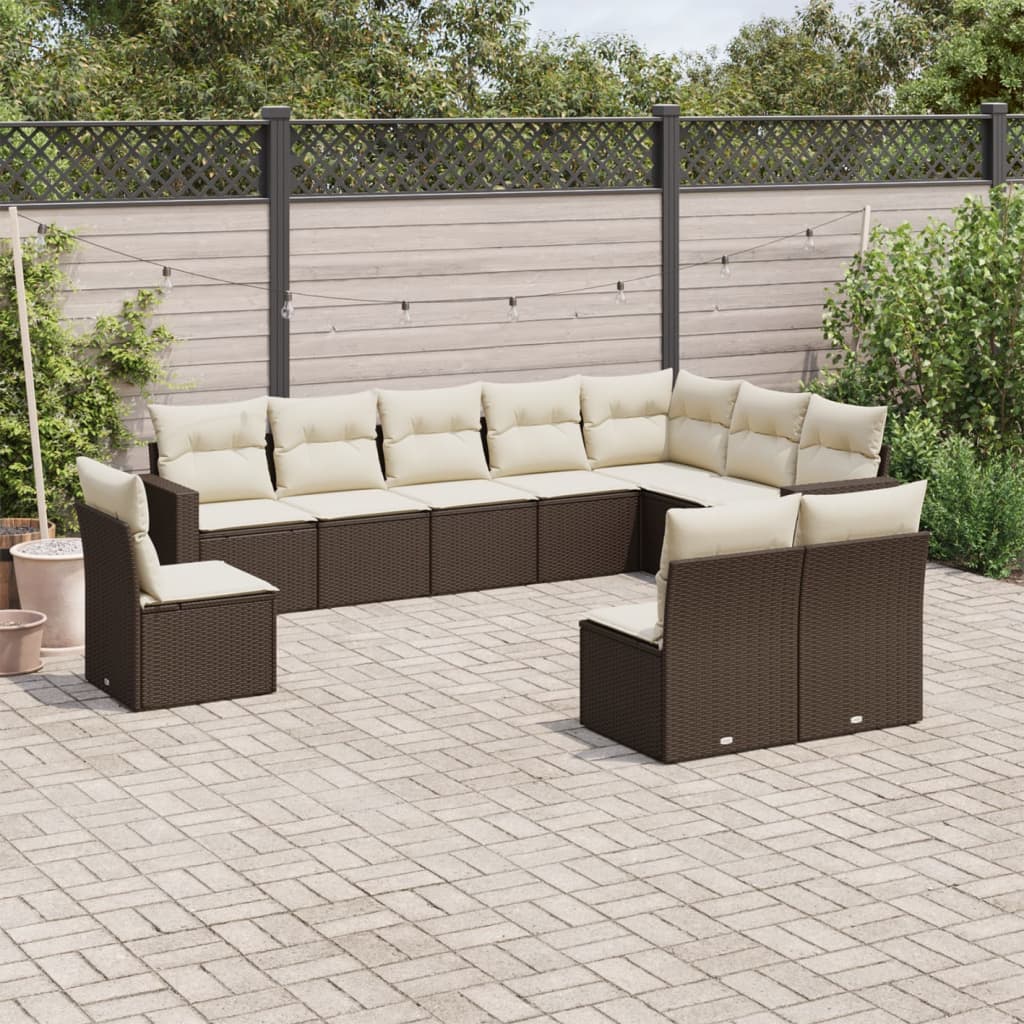 10-teiliges Gartensofa-Set mit braunen Polyrattan-Kissen