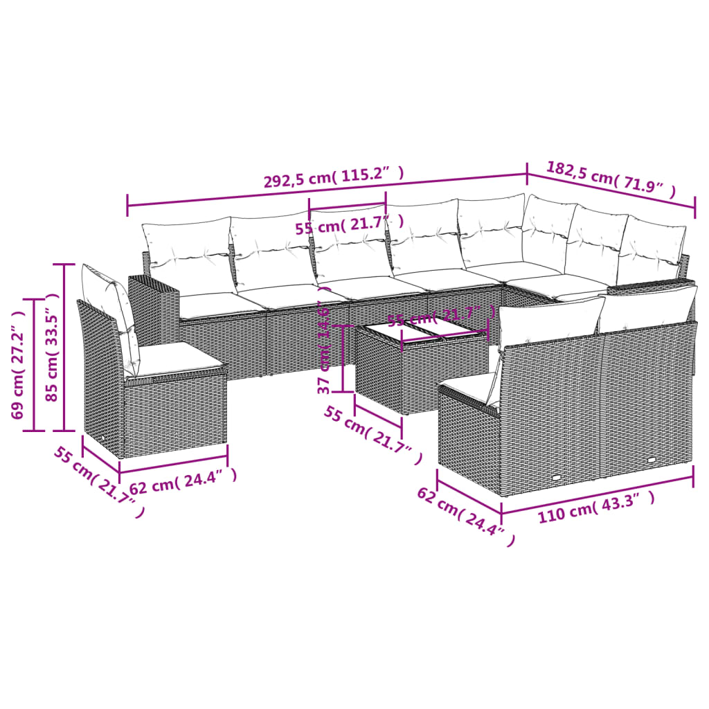 Set Divani da Giardino 11 pz con Cuscini Polyrattan Marrone - homemem39