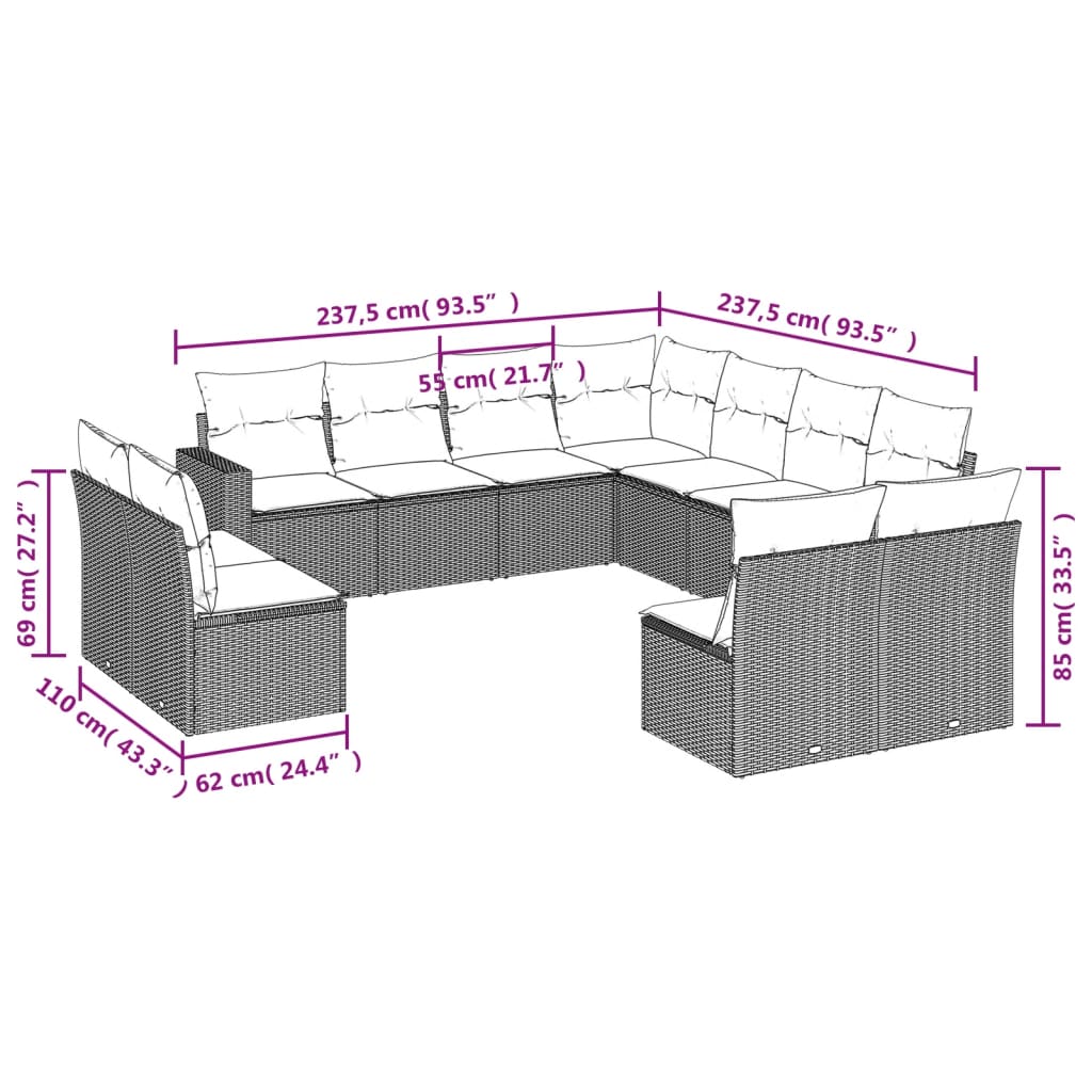 Set Divani da Giardino 11 pz con Cuscini Polyrattan Marrone - homemem39