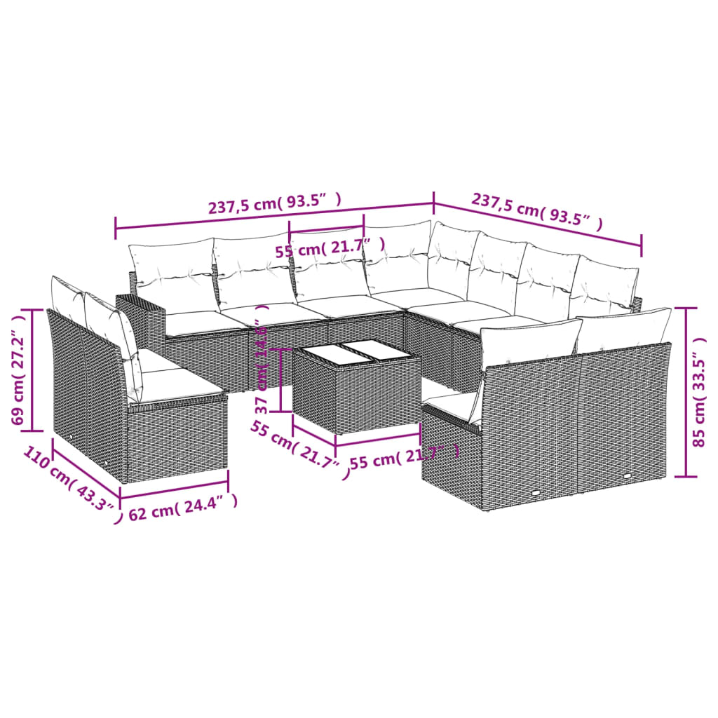 Set Divani da Giardino 12 pz con Cuscini Beige in Polyrattan - homemem39