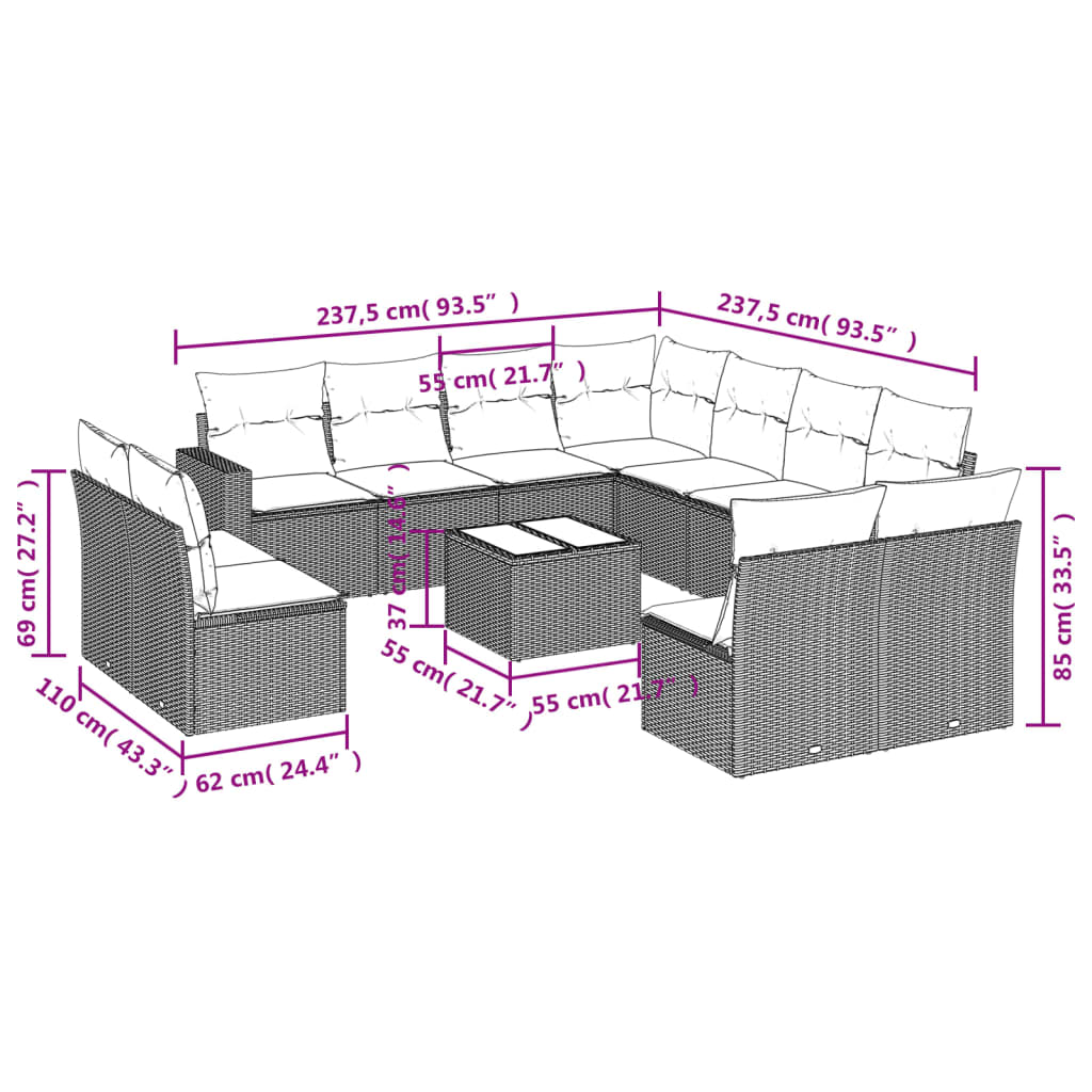 Set Divani da Giardino 12 pz con Cuscini Grigio in Polyrattan - homemem39