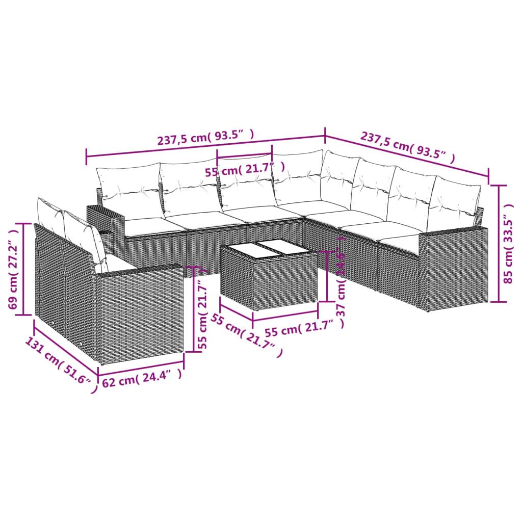 Set Divani da Giardino 10pz con Cuscini in Polyrattan Marrone - homemem39