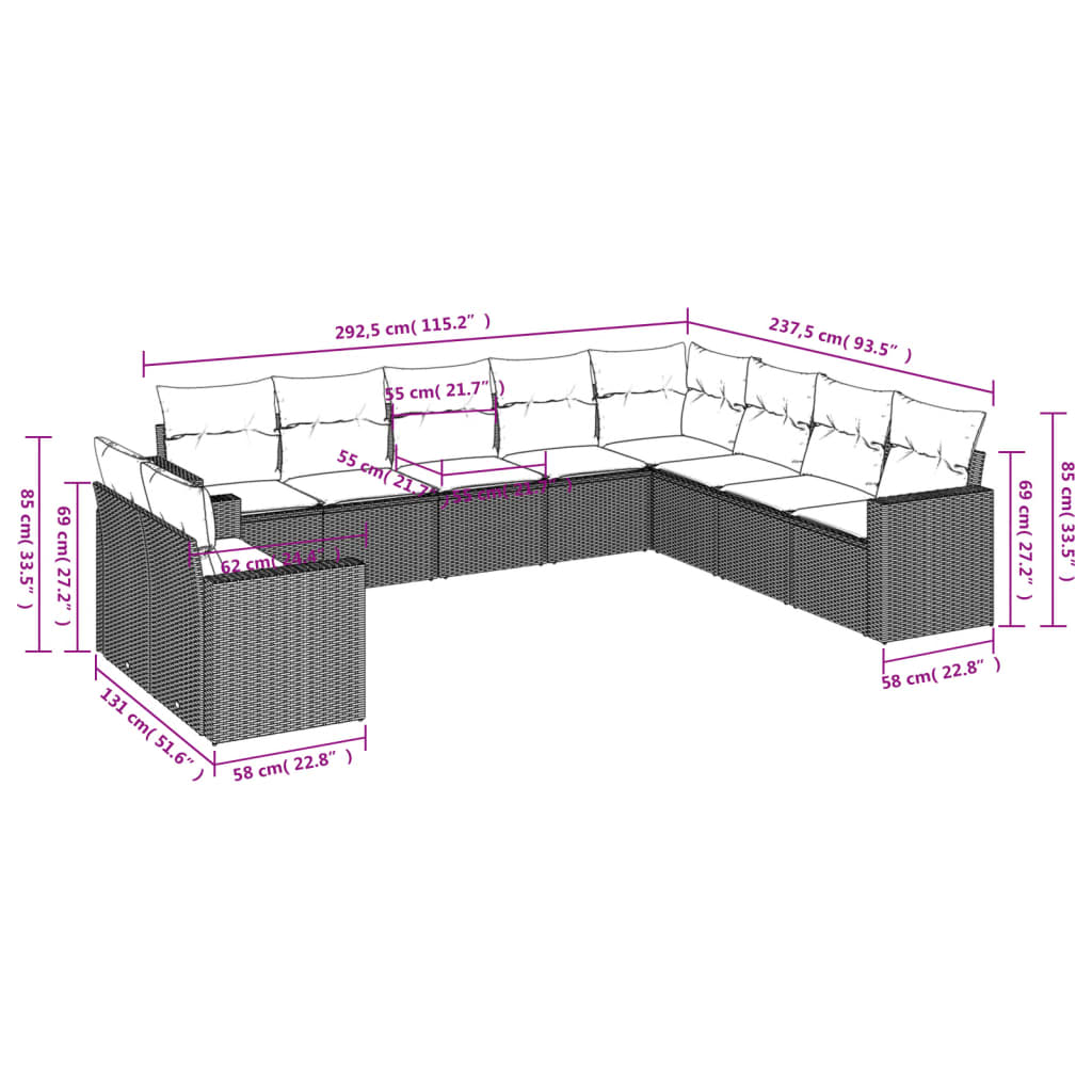 Set Divano Giardino 10 pz con Cuscini Grigio Chiaro Polyrattan - homemem39