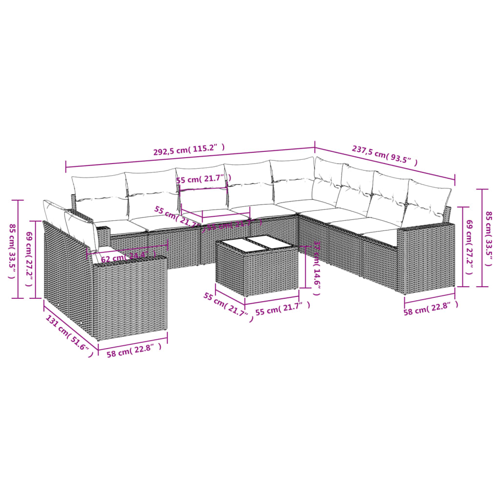 Set Divani da Giardino 11 pz con Cuscini in Polyrattan Nero - homemem39