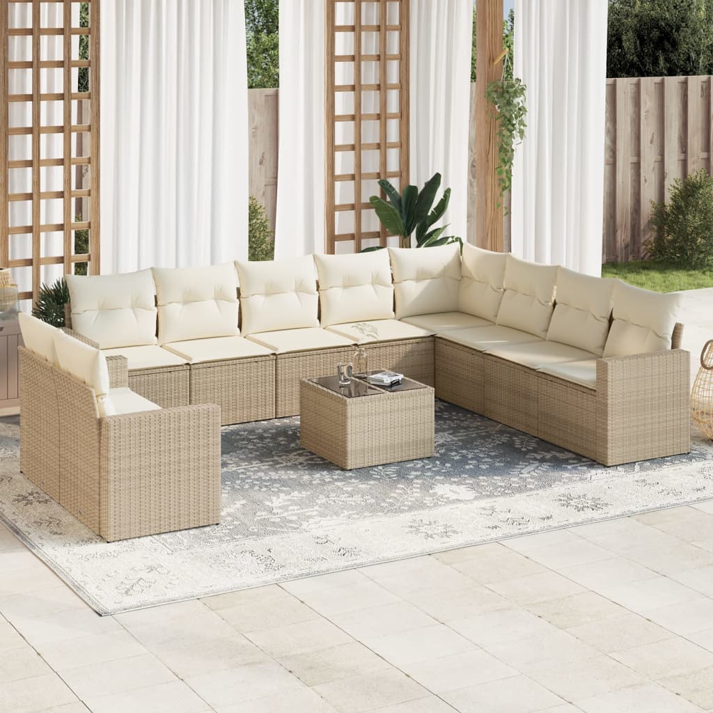 Set Divani da Giardino 11 pz con Cuscini Beige in Polyrattan - homemem39