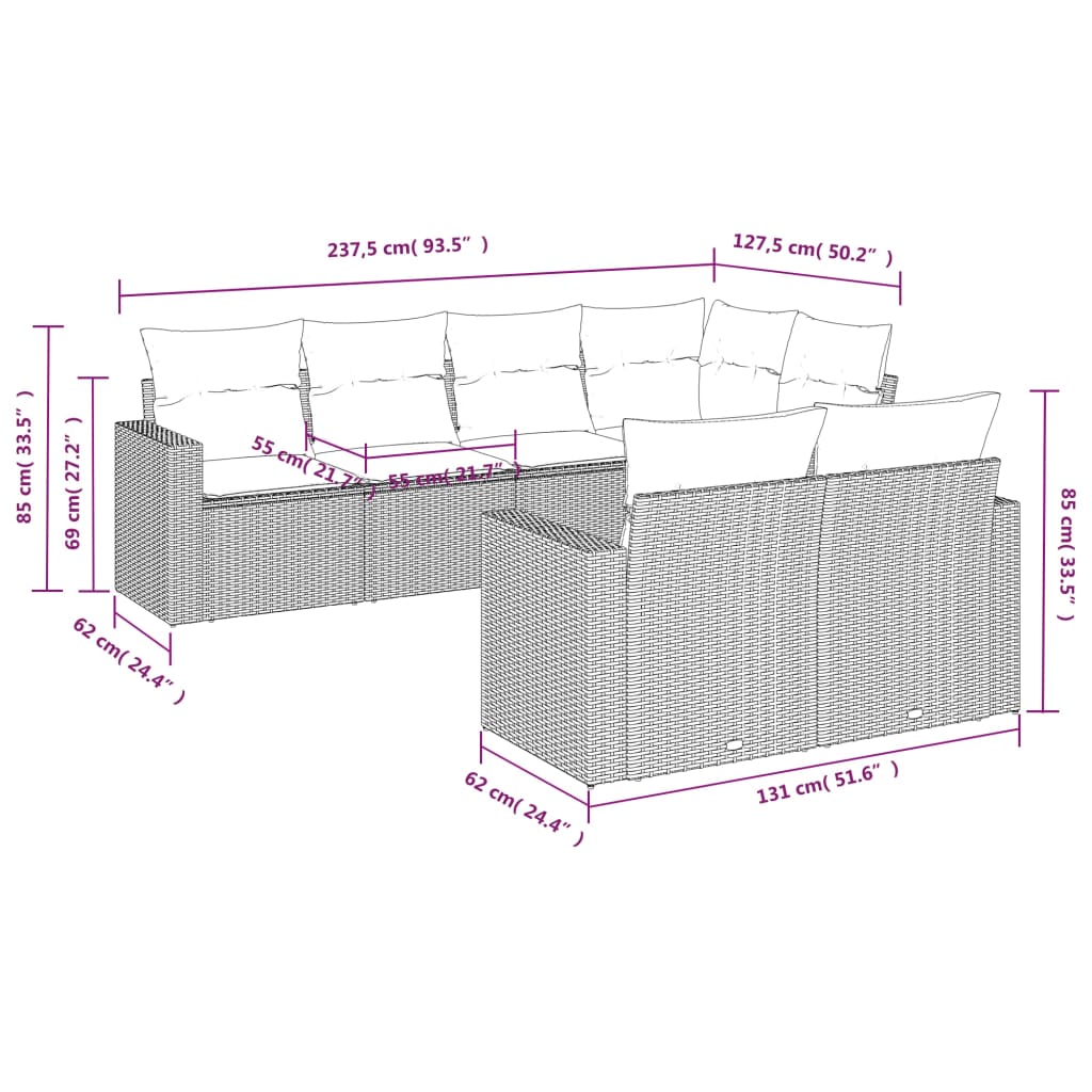 Set Divani da Giardino 7 pz con Cuscini Marrone in Polyrattan - homemem39