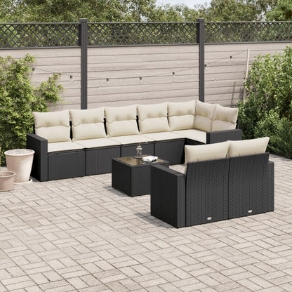 9-teiliges Gartensofa-Set mit schwarzen Polyrattan-Kissen