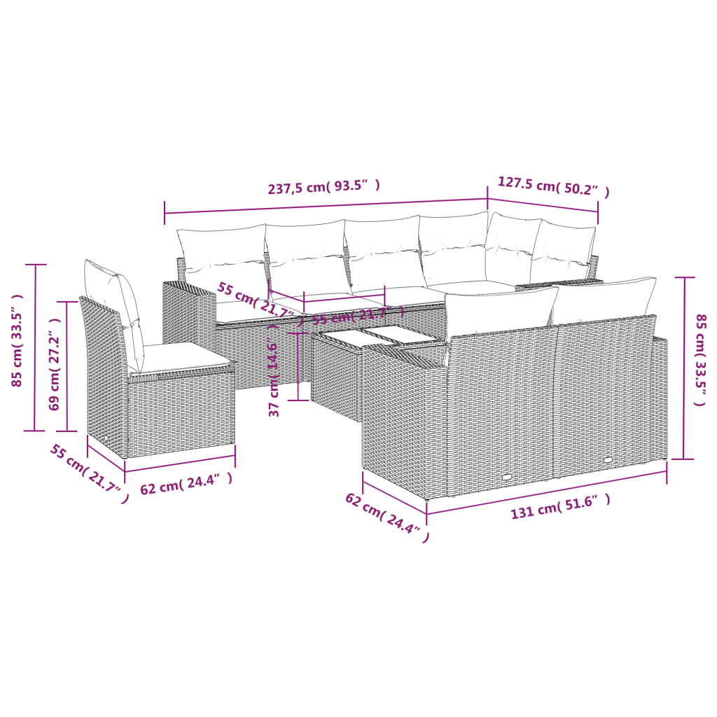 Set Divani da Giardino 9 pz con Cuscini Nero in Polyrattan - homemem39