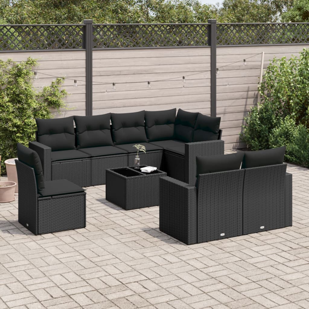 Set Divani da Giardino 9 pz con Cuscini Nero in Polyrattan - homemem39