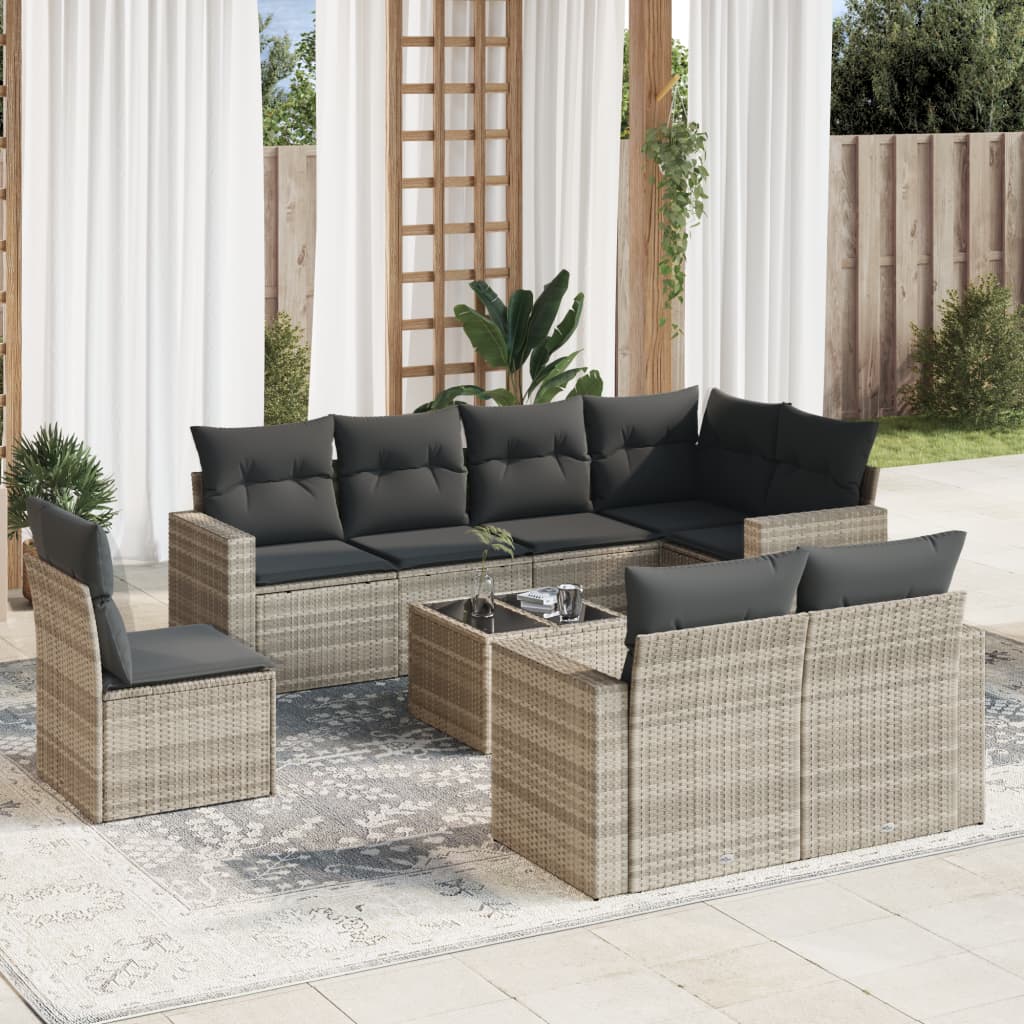 Set Divano da Giardino 9pz con Cuscini Grigio Chiaro Polyrattan - homemem39