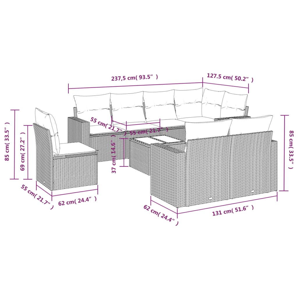 Set Divani da Giardino 9pz con Cuscini Marrone in Polyrattan - homemem39