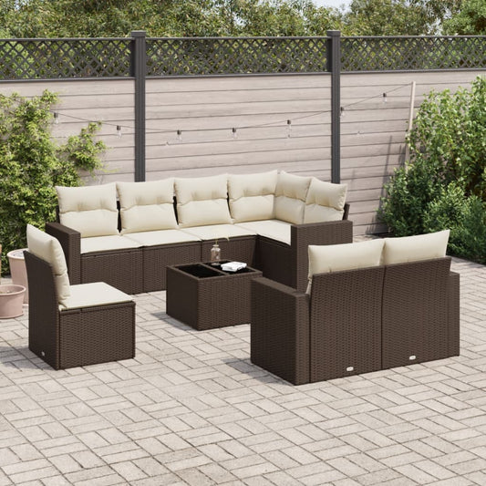 Set Divani da Giardino 9pz con Cuscini Marrone in Polyrattan