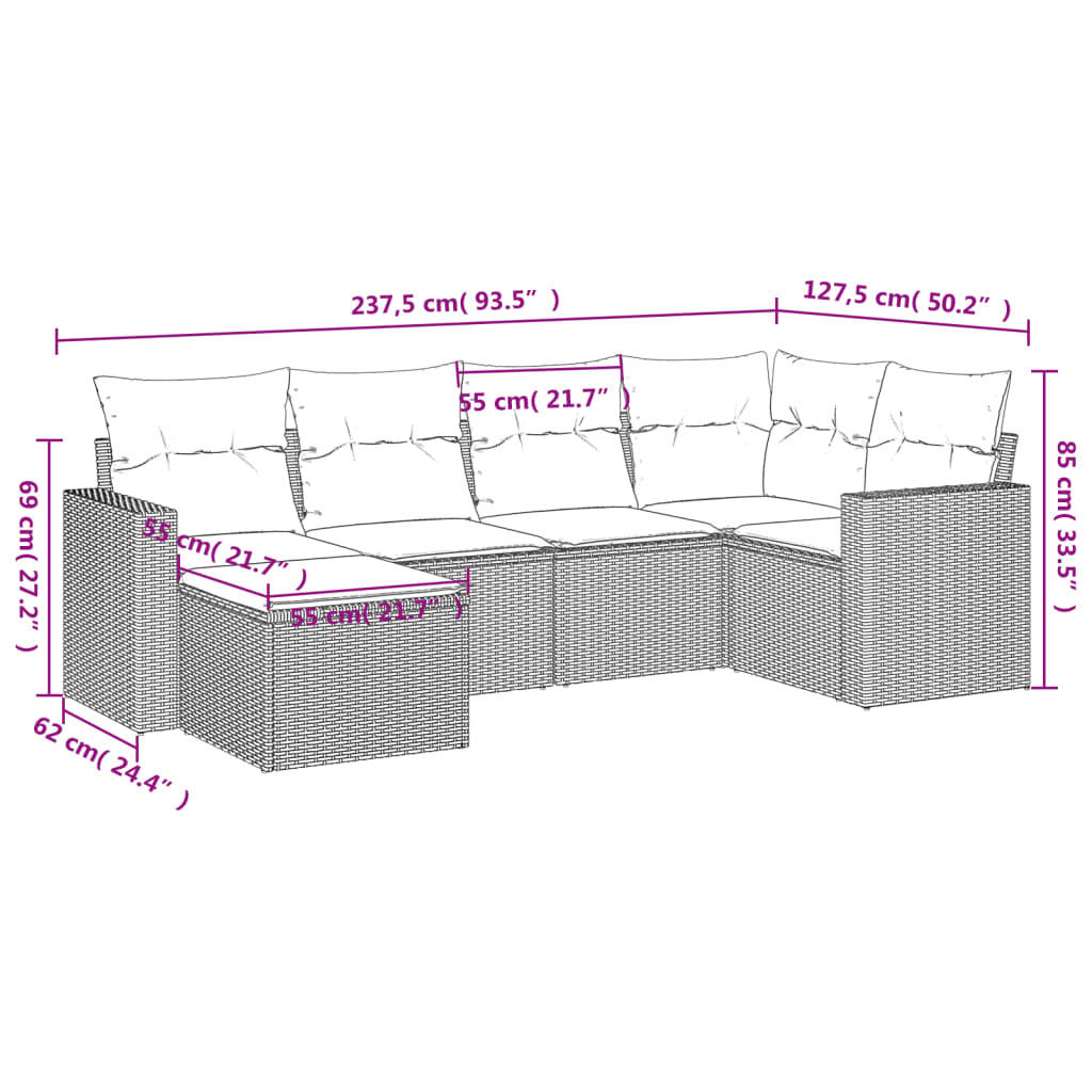 Set Divano da Giardino 6 pz con Cuscini Grigio in Polyrattan - homemem39