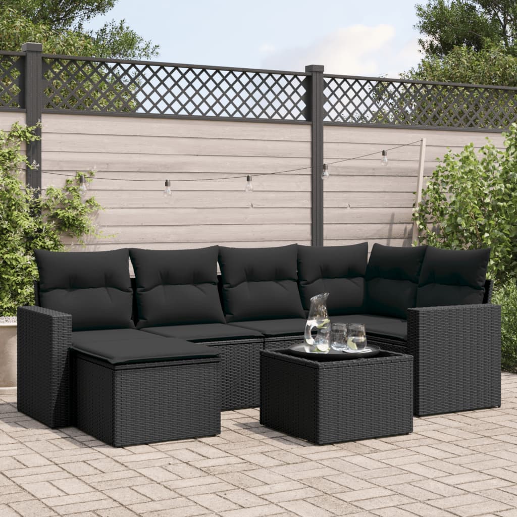 Set Divani da Giardino con Cuscini 7pz Nero Polyrattan