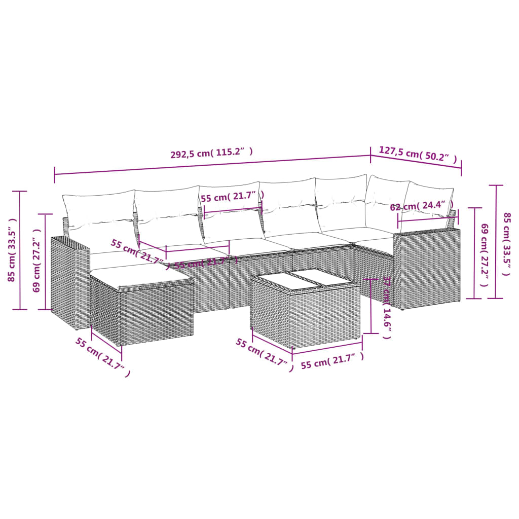 Set Divano da Giardino 8 pz con Cuscini Grigio in Polyrattan - homemem39