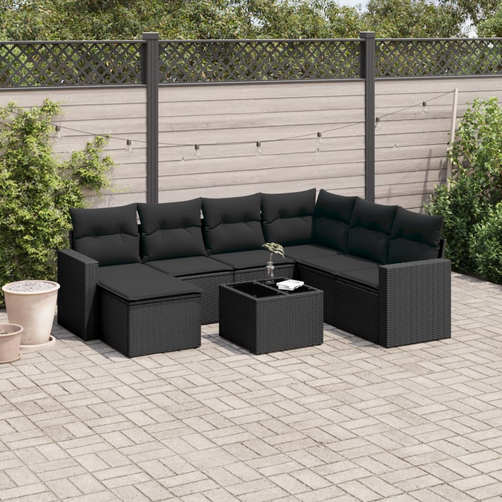 Gartensofa-Set mit Kissen 8-tlg. Schwarz aus Polyrattan