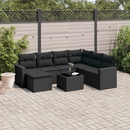 Gartensofa-Set mit Kissen 8-tlg. Schwarz aus Polyrattan