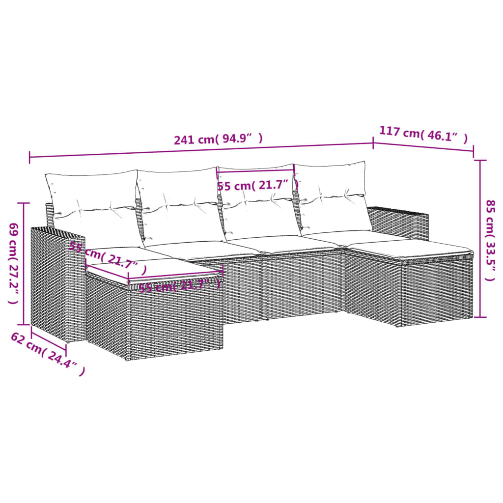 Set Divano da Giardino 6 pz con Cuscini Nero in Polyrattan - homemem39