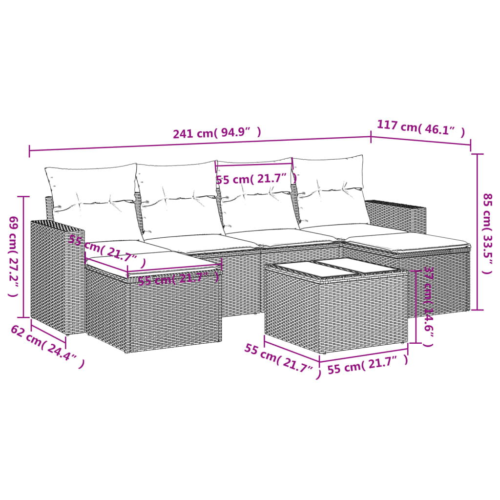 Set Divani da Giardino 7 pz con Cuscini Marrone in Polyrattan - homemem39