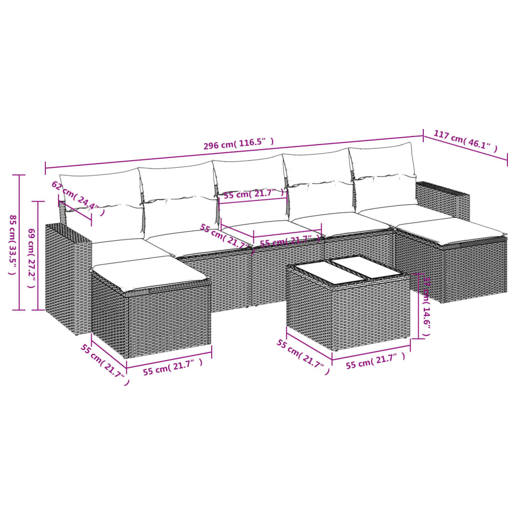 Set Divani da Giardino con Cuscini 8 pz Nero in Polyrattan - homemem39