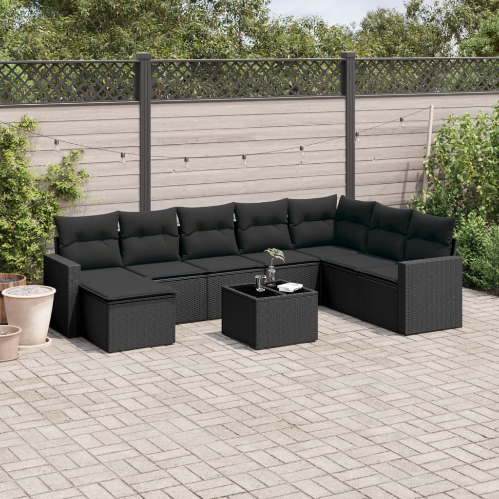 Set Divani da Giardino 9 pz con Cuscini Nero in Polyrattan - homemem39