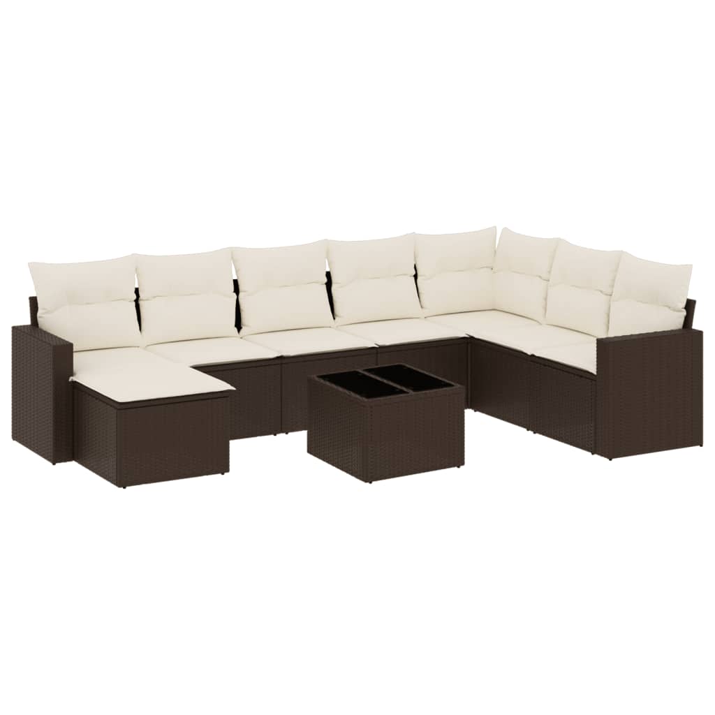 Set Divani da Giardino 9pz con Cuscini Marrone in Polyrattan