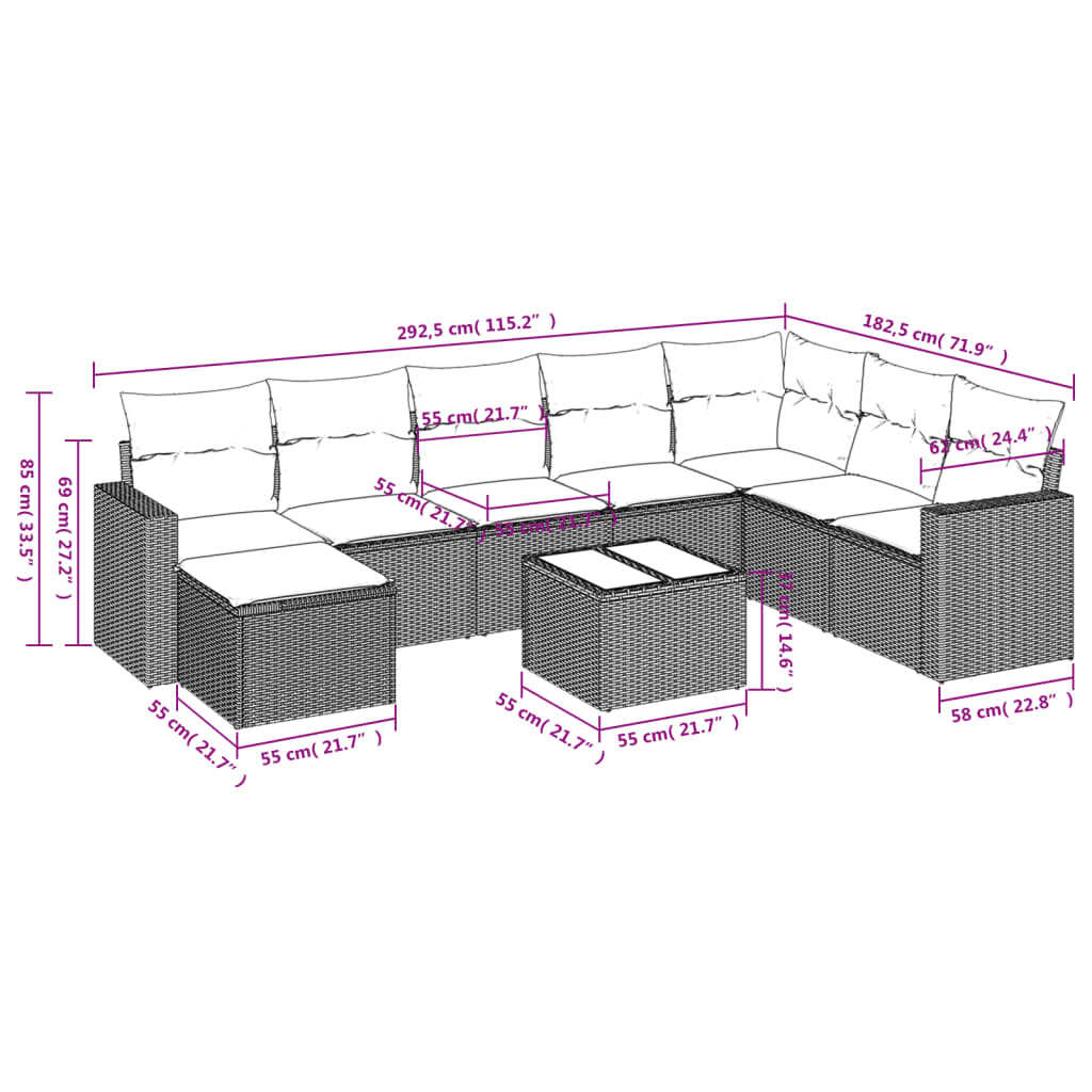 Set Divani da Giardino 9pz con Cuscini Marrone in Polyrattan