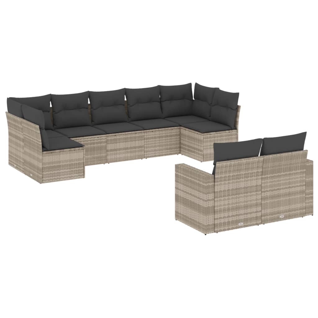 9-teiliges Gartensofa-Set mit hellgrauen Polyrattan-Kissen