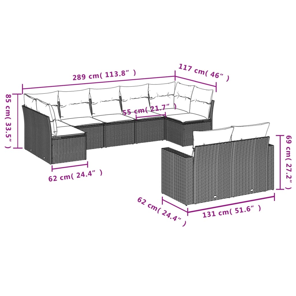 9-teiliges Gartensofa-Set mit hellgrauen Polyrattan-Kissen