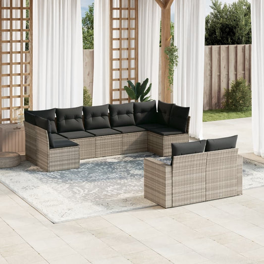 9-teiliges Gartensofa-Set mit hellgrauen Polyrattan-Kissen