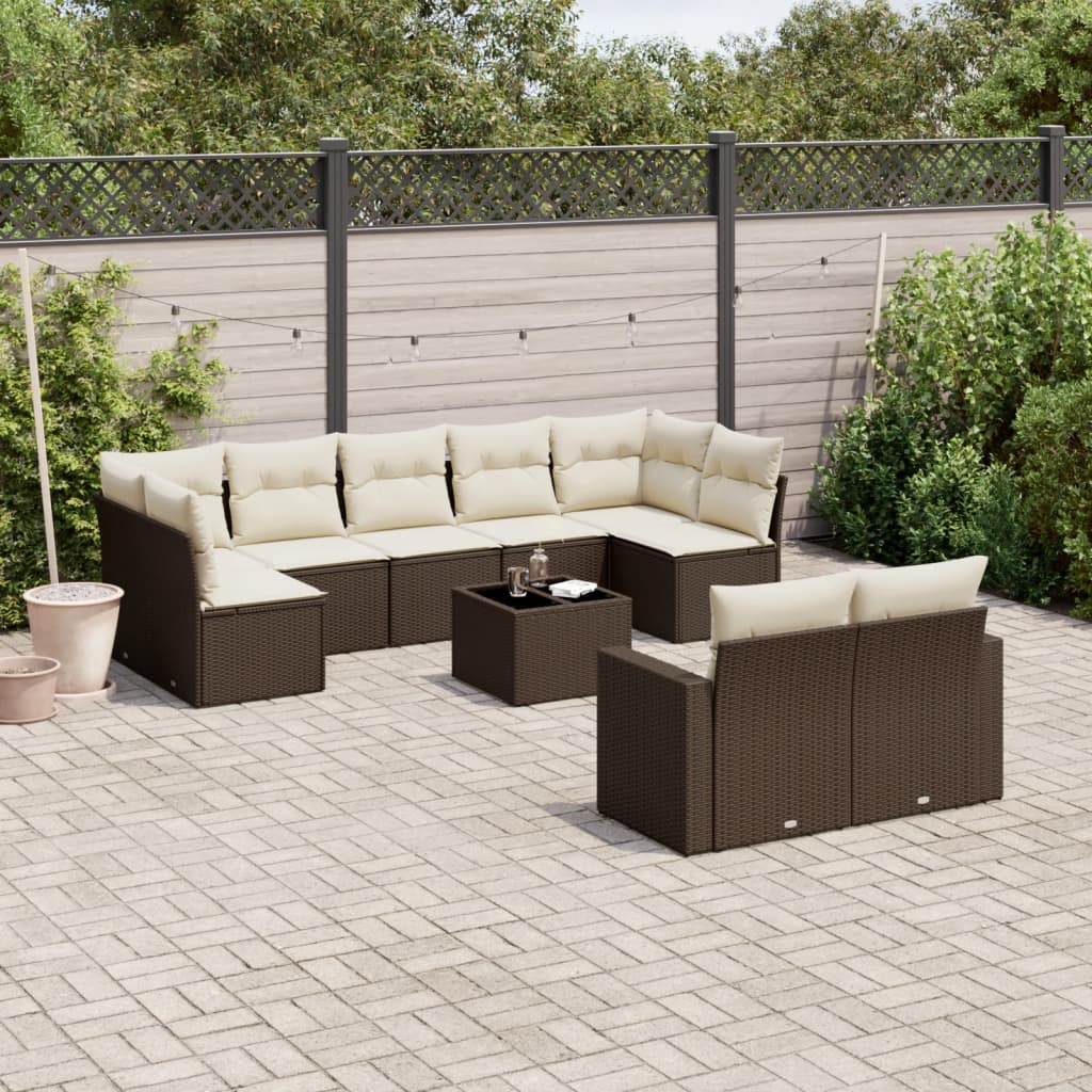 Set Divani da Giardino 10pz con Cuscini in Polyrattan Marrone - homemem39