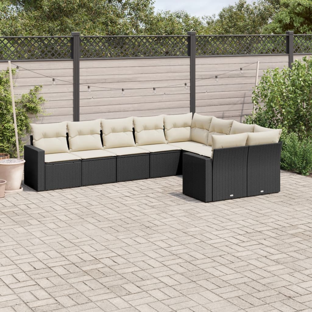 Set Divani da Giardino 9 pz con Cuscini Nero in Polyrattan - homemem39