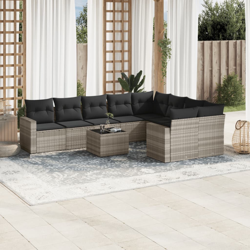 Set Divano Giardino 10 pz con Cuscini Grigio Chiaro Polyrattan - homemem39