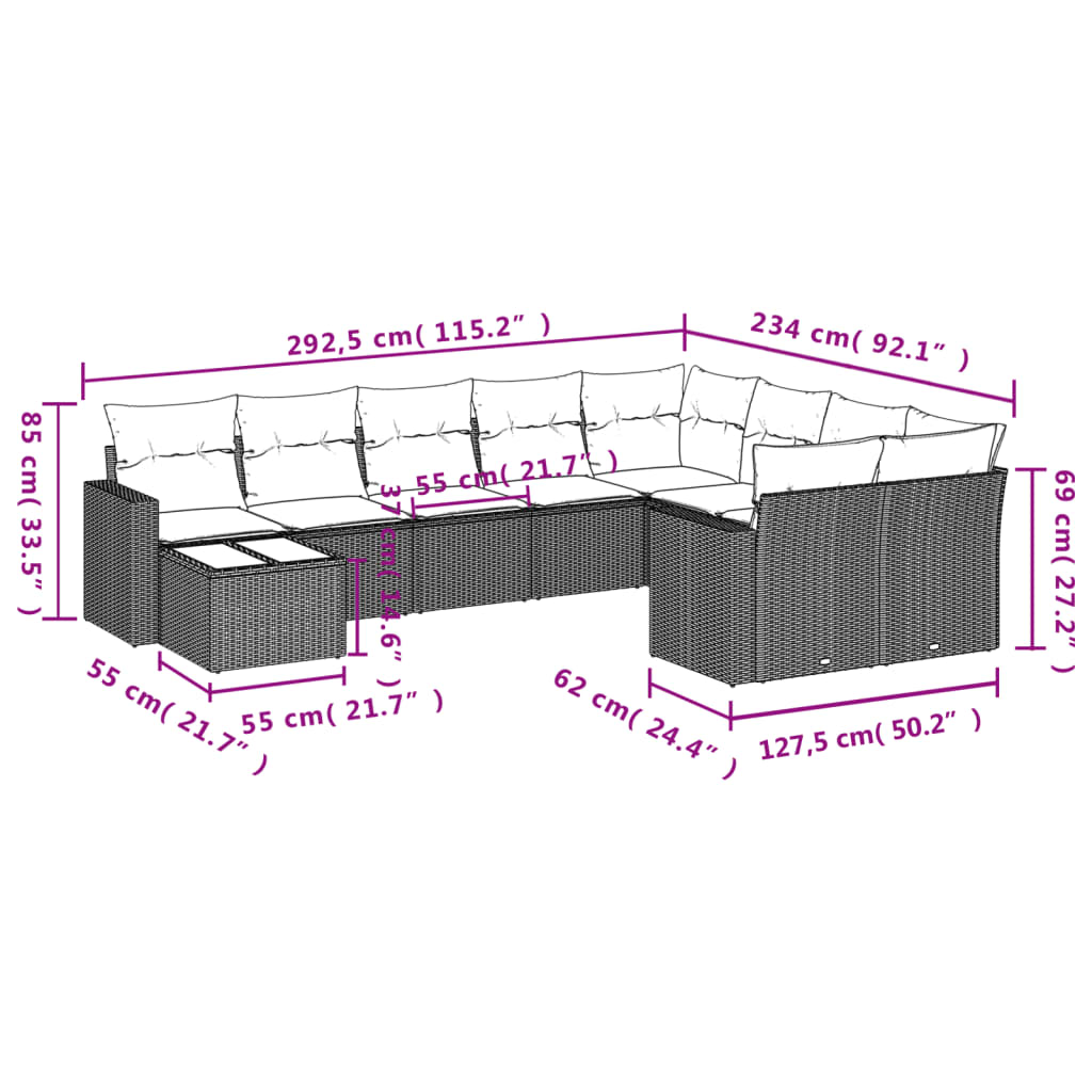 Set Divano da Giardino 10 pz con Cuscini Grigio in Polyrattan - homemem39