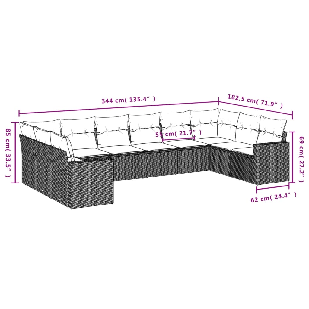 10-teiliges Gartensofa-Set mit hellgrauen Polyrattan-Kissen