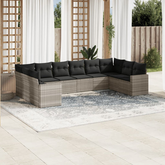 10-teiliges Gartensofa-Set mit hellgrauen Polyrattan-Kissen