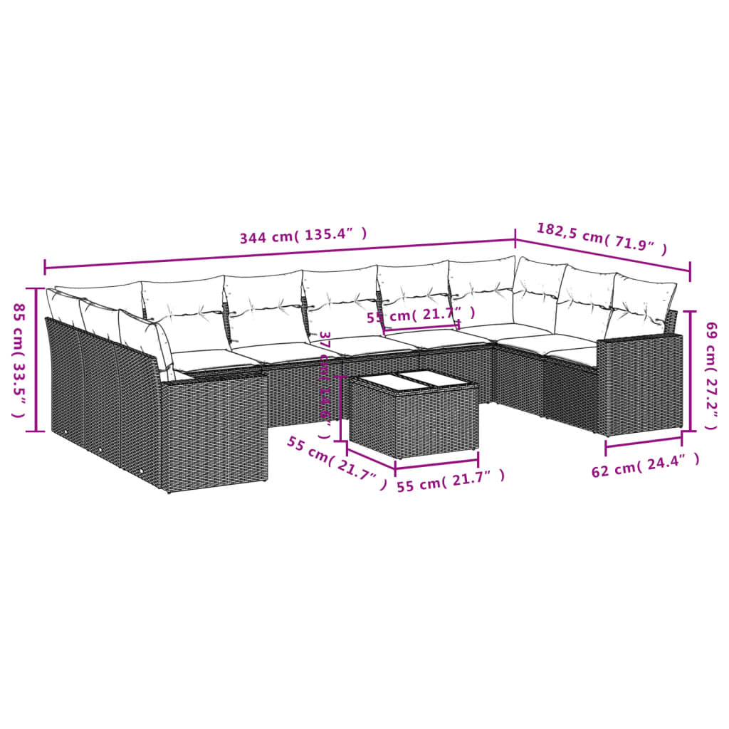 Set Divani da Giardino 11 pz con Cuscini Polyrattan Marrone - homemem39