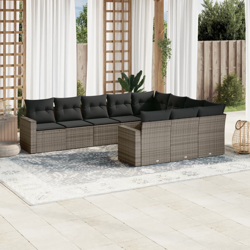 Set Divano da Giardino 10 pz con Cuscini Grigio in Polyrattan - homemem39