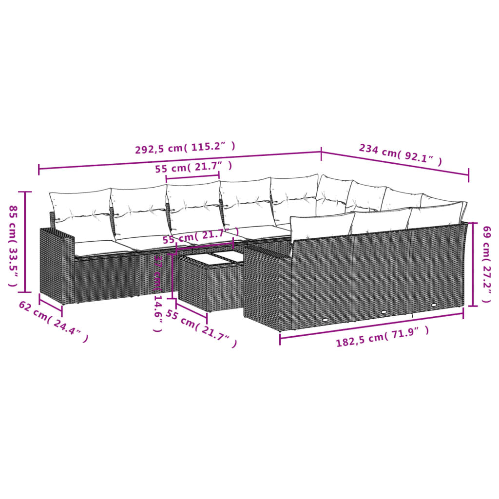 Set Divani da Giardino 11 pz con Cuscini in Polyrattan Grigio - homemem39