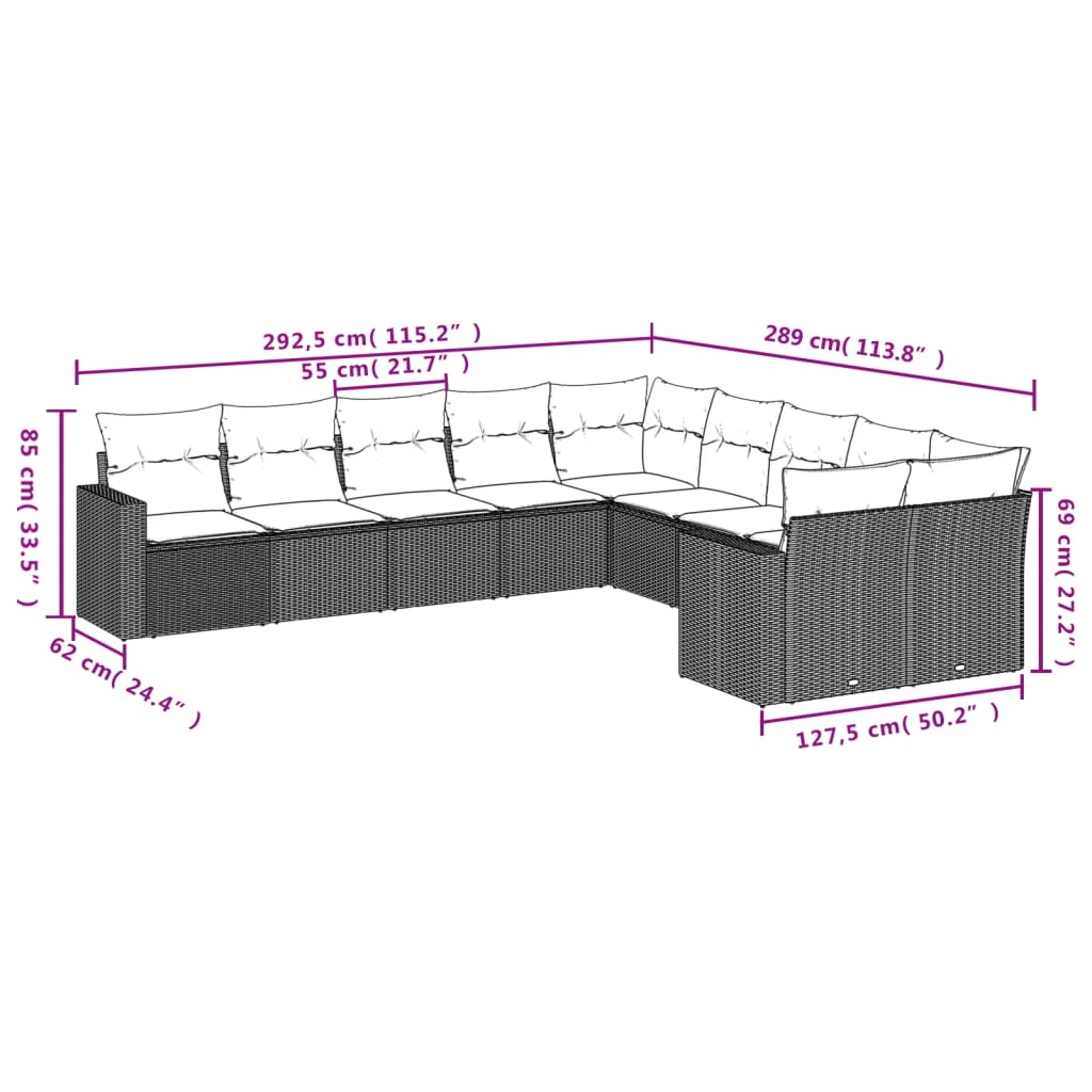 Set Divani da Giardino 10pz con Cuscini in Polyrattan Nero - homemem39