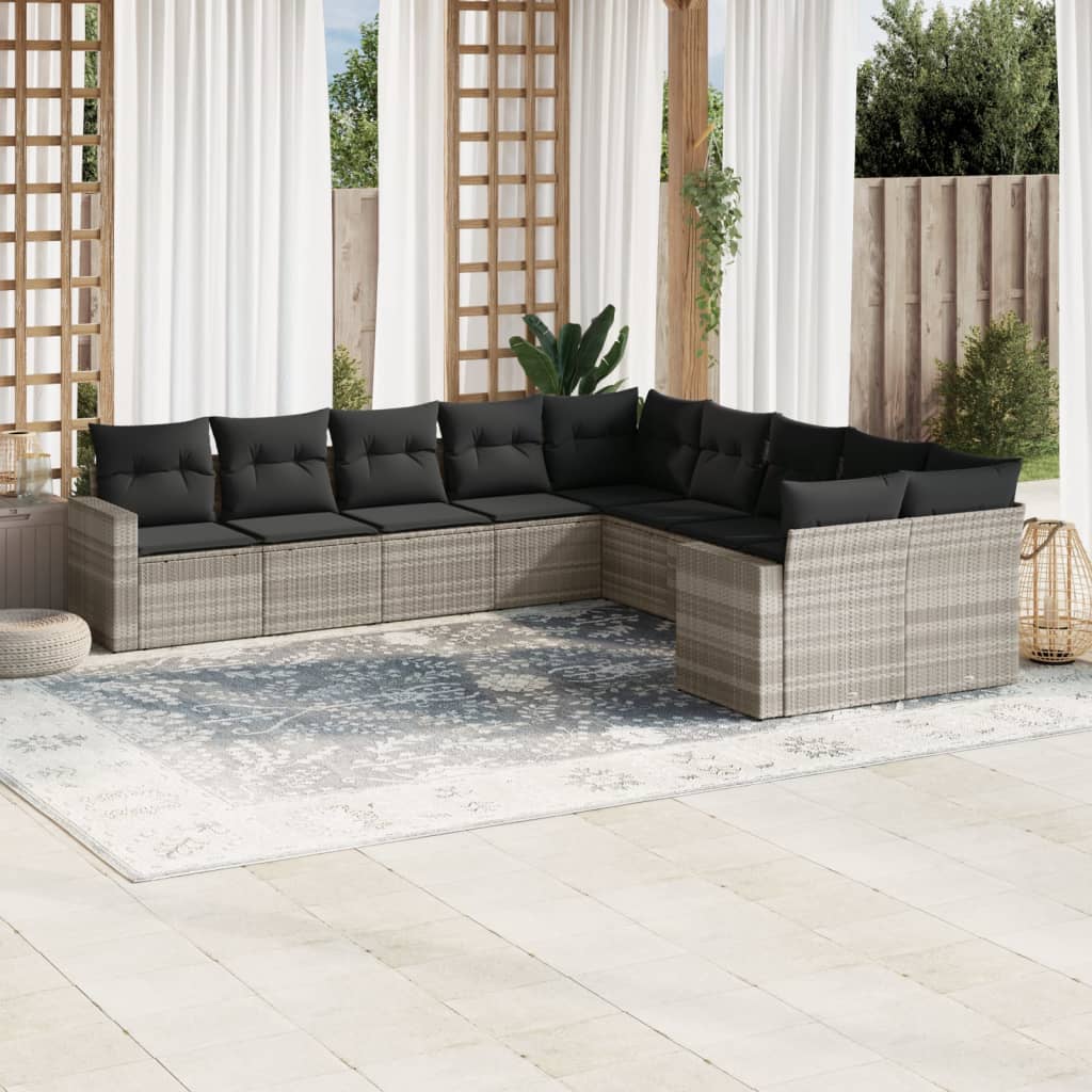 Set Divano Giardino 10 pz con Cuscini Grigio Chiaro Polyrattan - homemem39